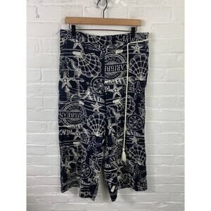 Joie Women's Wide Leg Drawstring Waist Printed Linen Trouser Pants Blue Size L